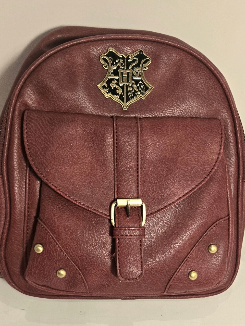 Harry Potter Hogwarts School Crest Maroon Faux Leather Backpack Bag Pockets NWOT